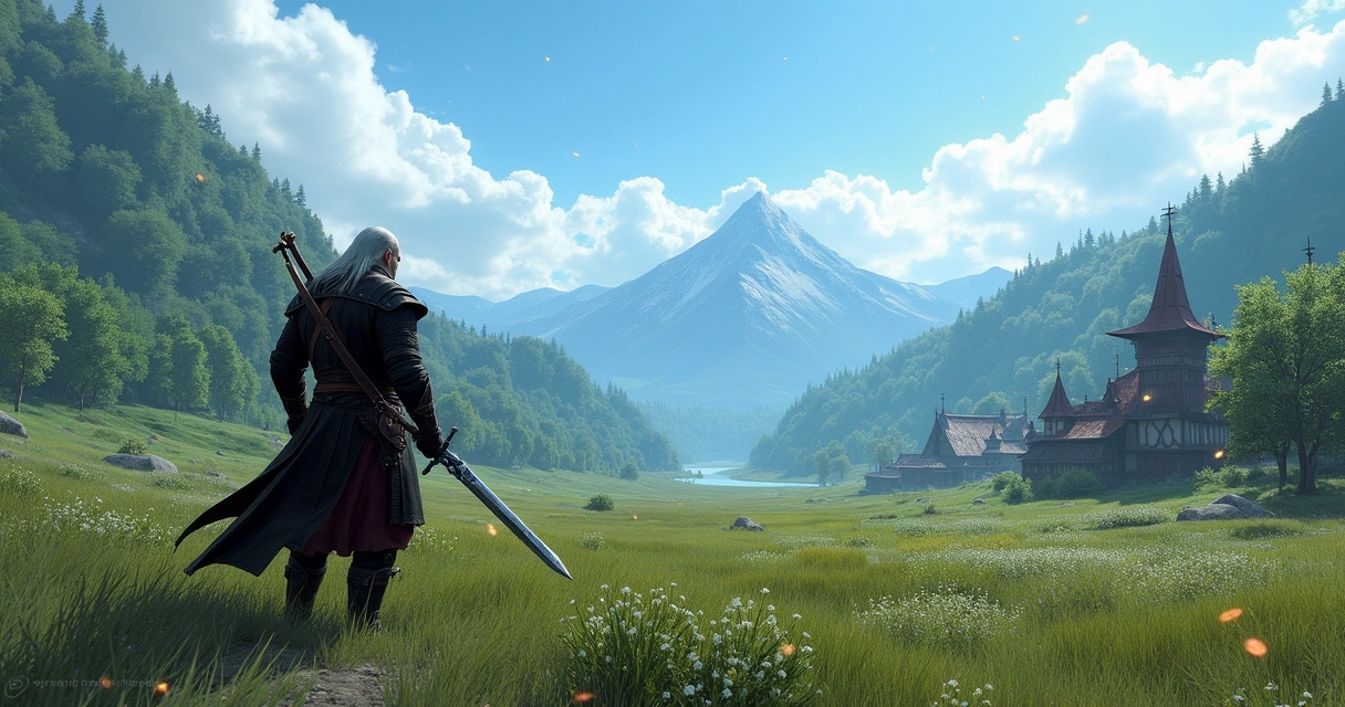 Geralt de Rivia em combate em um cenário vibrante de The Witcher 3: Wild Hunt, com montanhas e aldeia medieval ao fundo.