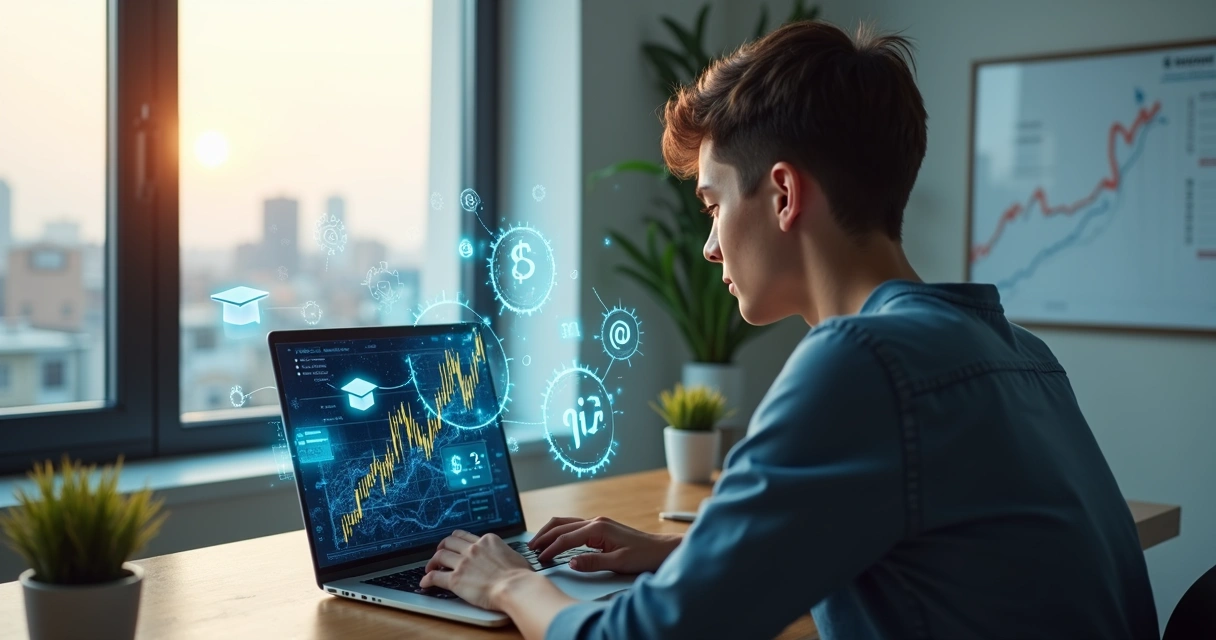 Pessoa usando notebook com gráficos de dinheiro e ícones de inteligência artificial ao redor 