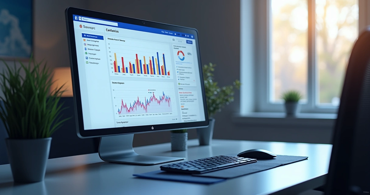 Tela do Gerenciador de Anúncios do Facebook com gráficos de desempenho e dados de segmentação detalhados 