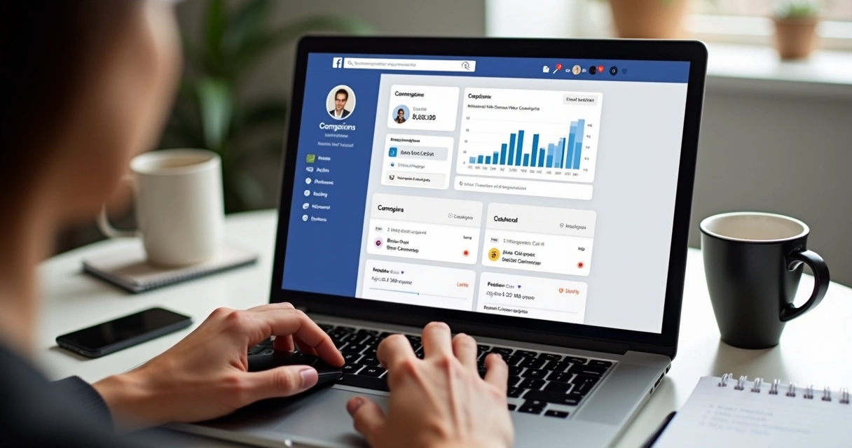 Visualização detalhada do Gerenciador de Anúncios do Facebook na tela do notebook 