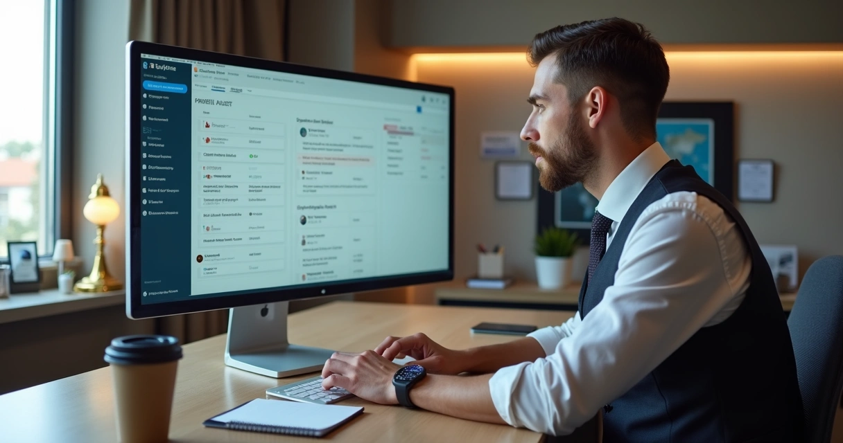 Gestor analisando avaliações online em tela de computador aberta em painel de reviews 