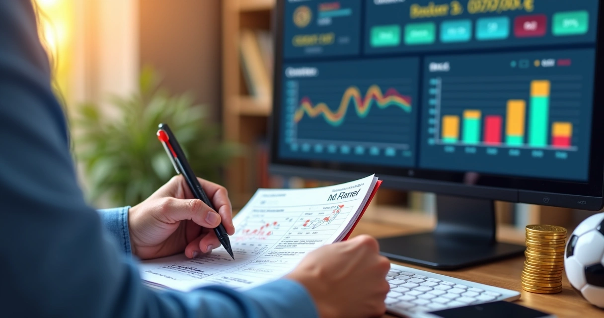 Apostador anotando valores e resultados ao lado de computador com gráficos