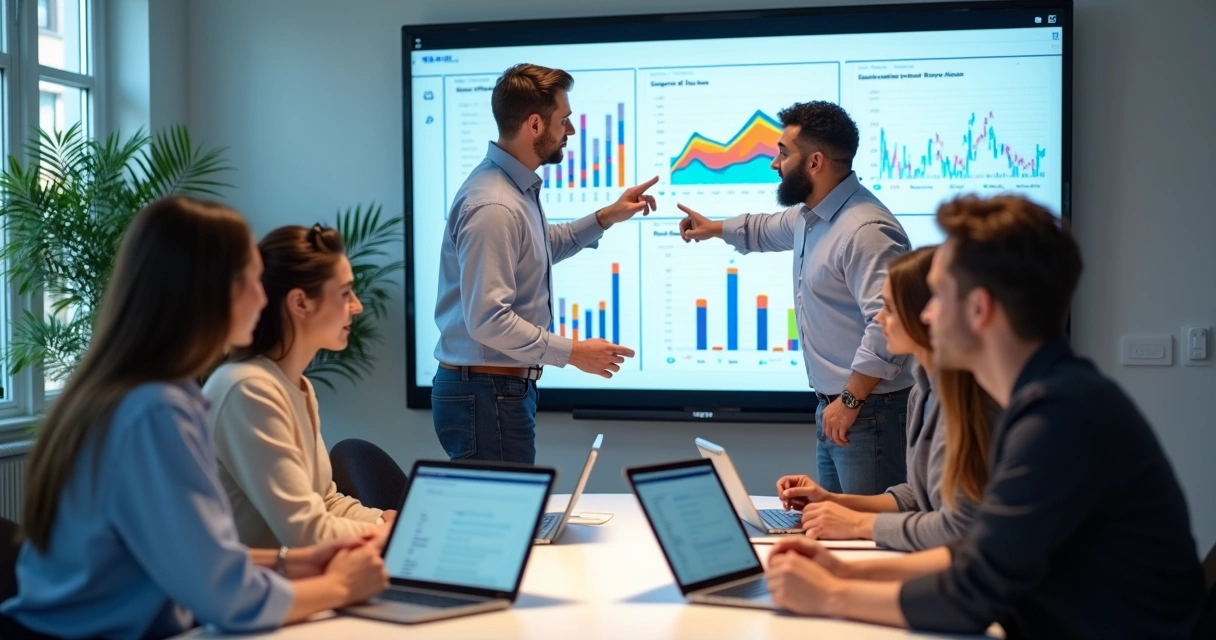Profissionais analisando métricas de campanhas de influência em computador com gráficos e anotações 