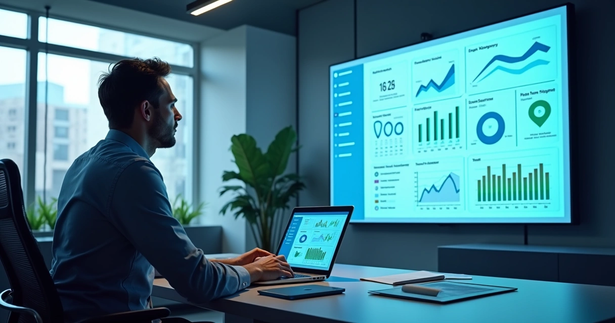 Gestor analisando painel de dados digitais de vendas B2B 