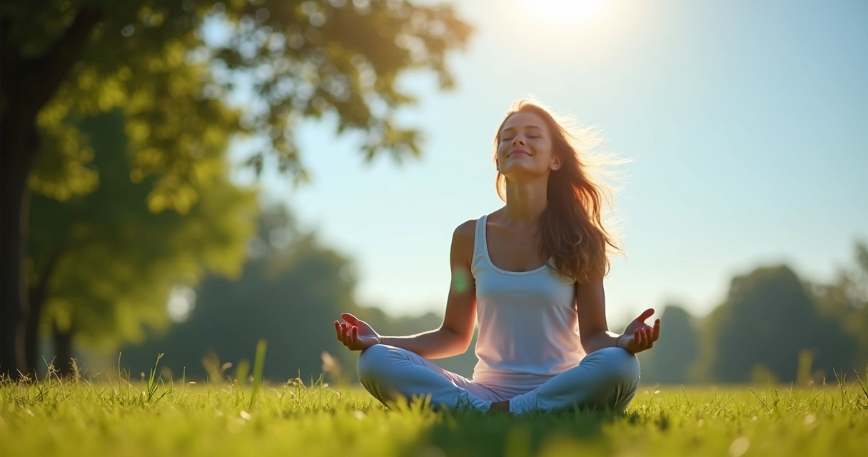 Pessoa relaxando em ambiente natural, respirando fundo 