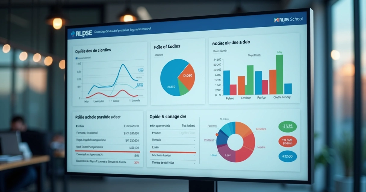 Painel financeiro digital de uma escola de idiomas com gráficos de fluxo de caixa, cobrança e indicadores de inadimplência 