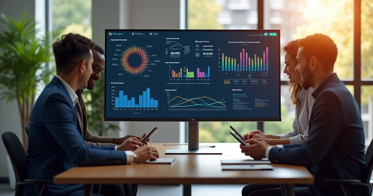 Equipe de negócios revisando dados de parcerias estratégicas em tela de computador com gráficos e conexões digitais 