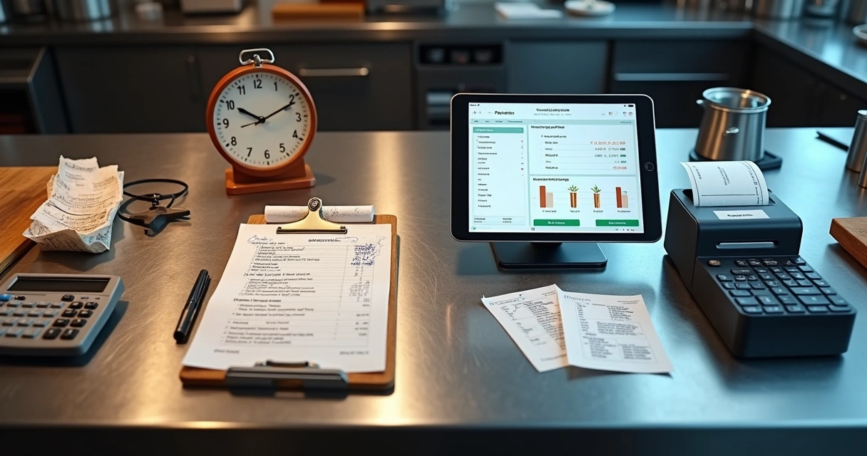 Comparação visual entre pedidos manuais em papel e controle digital em tablet 