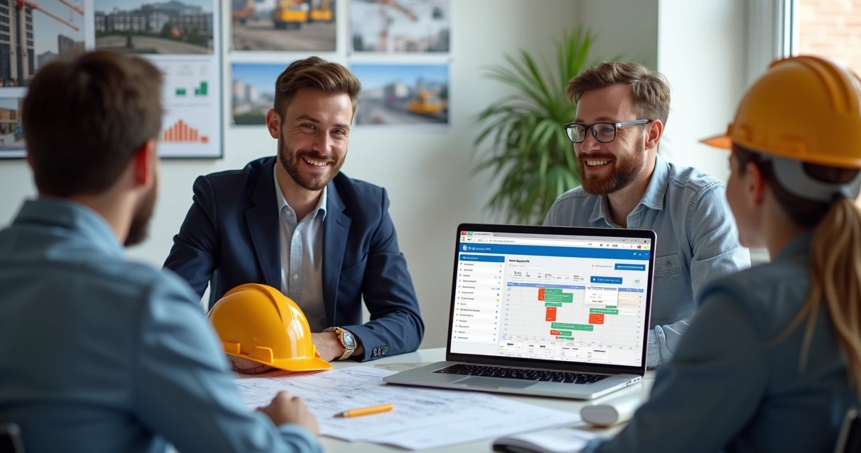 Profissionais da construção civil usando plataforma digital em laptop com gráficos, documentos e chat de IA ao redor 