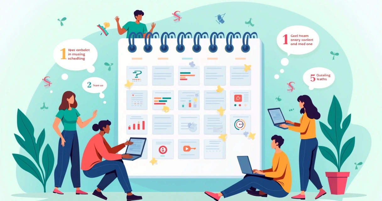 Ilustração de gerenciamento de projetos com calendário, equipe colaborativa e ênfase em qualidade e bem-estar.