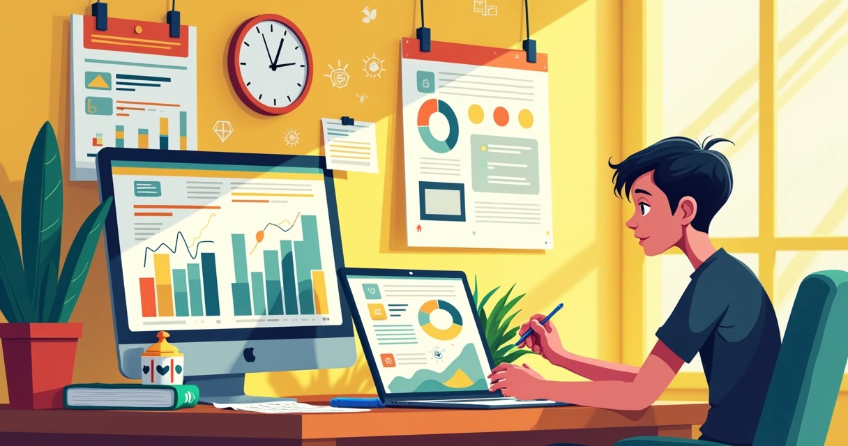 Espaço de trabalho vibrante com um computador, calendário e ícones de redes sociais, mostrando planejamento eficaz