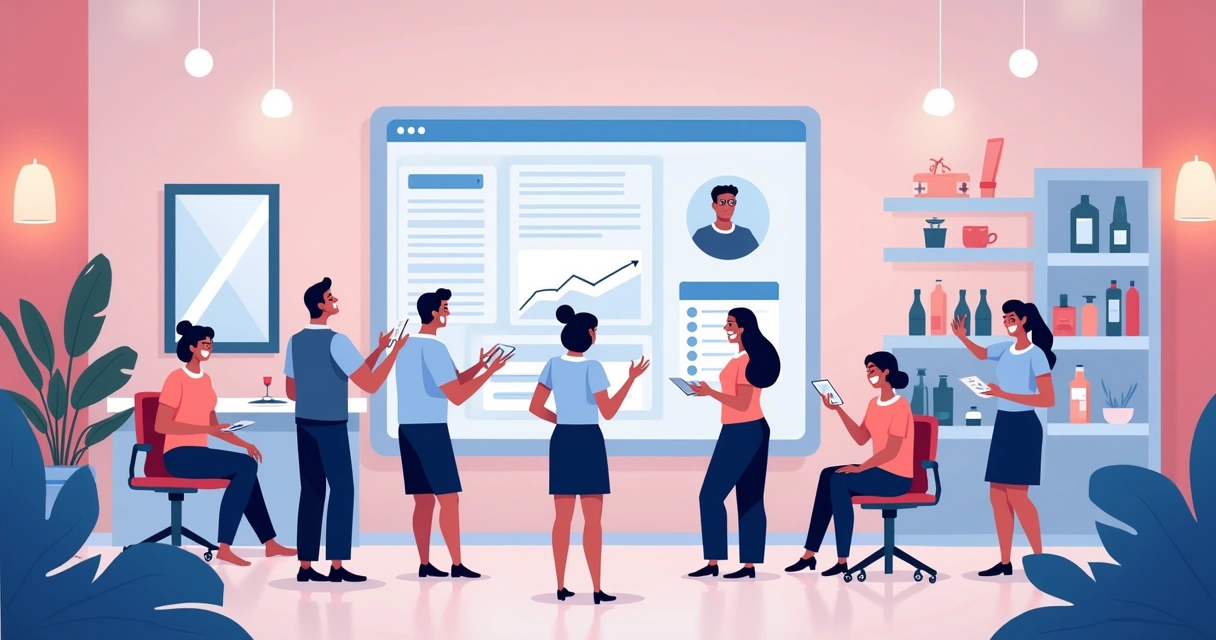 Salão de beleza moderno gerenciando clientes com software, ambiente acolhedor e equipe feliz.