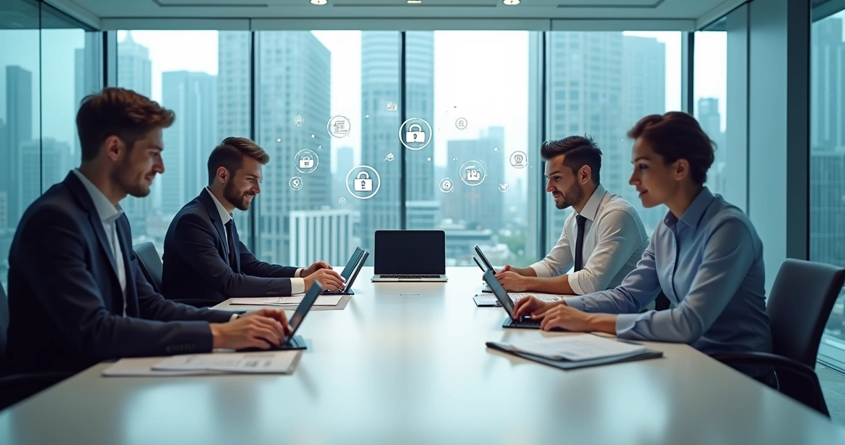 Equipe de TI configurando smartphones sobre uma mesa em ambiente corporativo