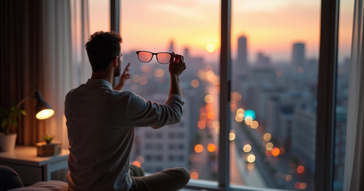 Pessoa ajustando lentes coloridas em frente a janela com cidade em contraste claro e escuro 