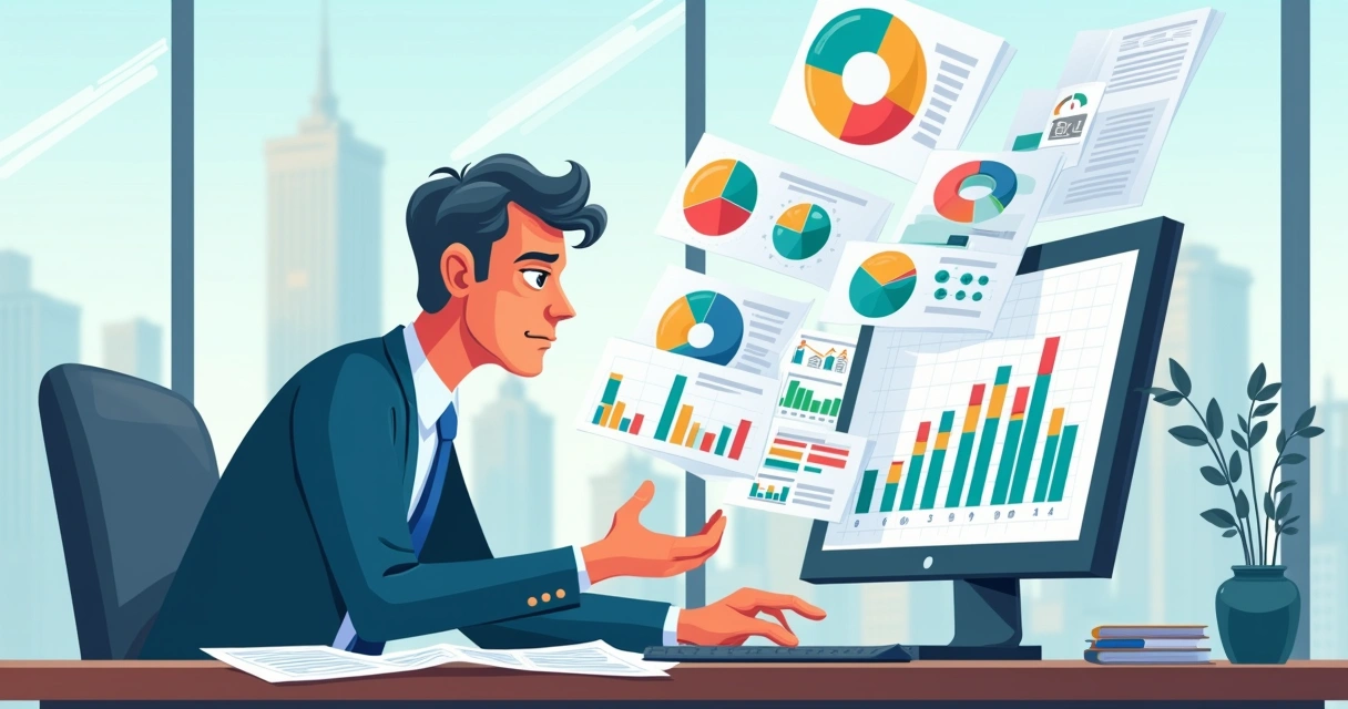 Gerente analisando dados de vendas em um escritório, cercado por gráficos caóticos e uma vista da cidade.