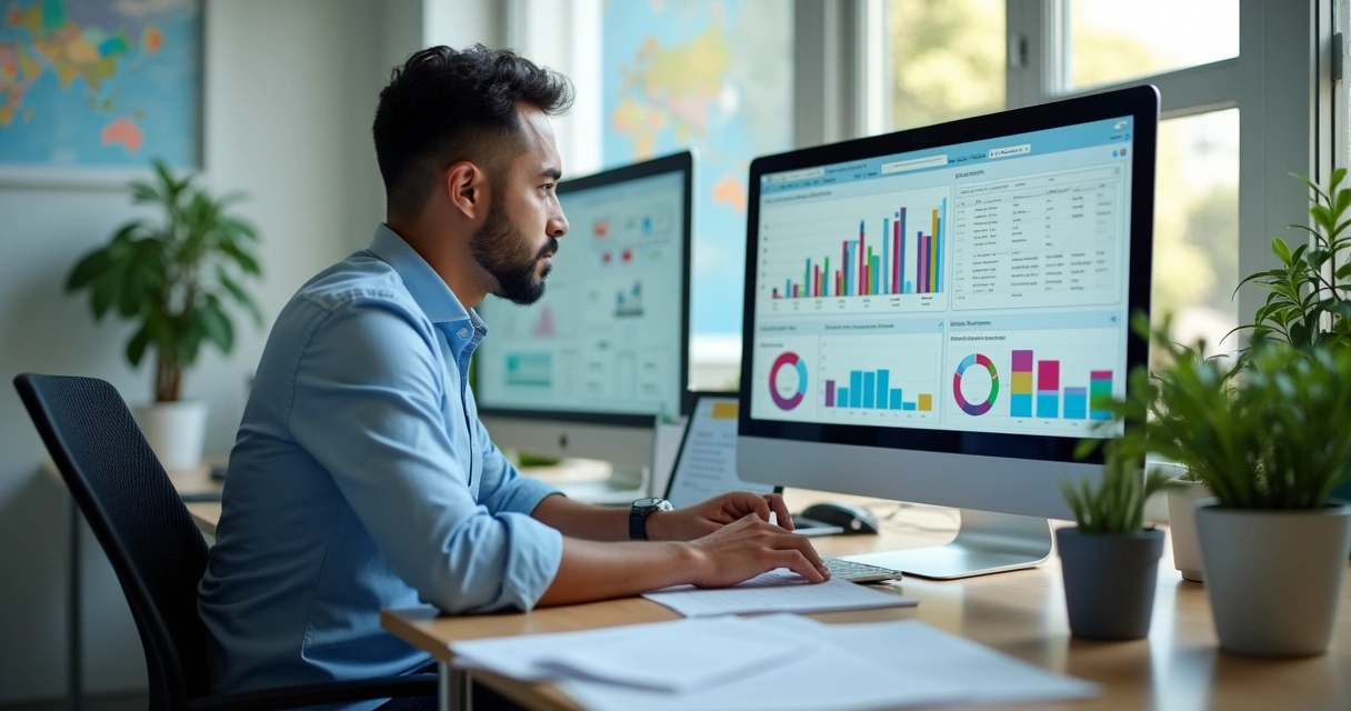 Gestor escolar analisando relatório digital de avaliações 