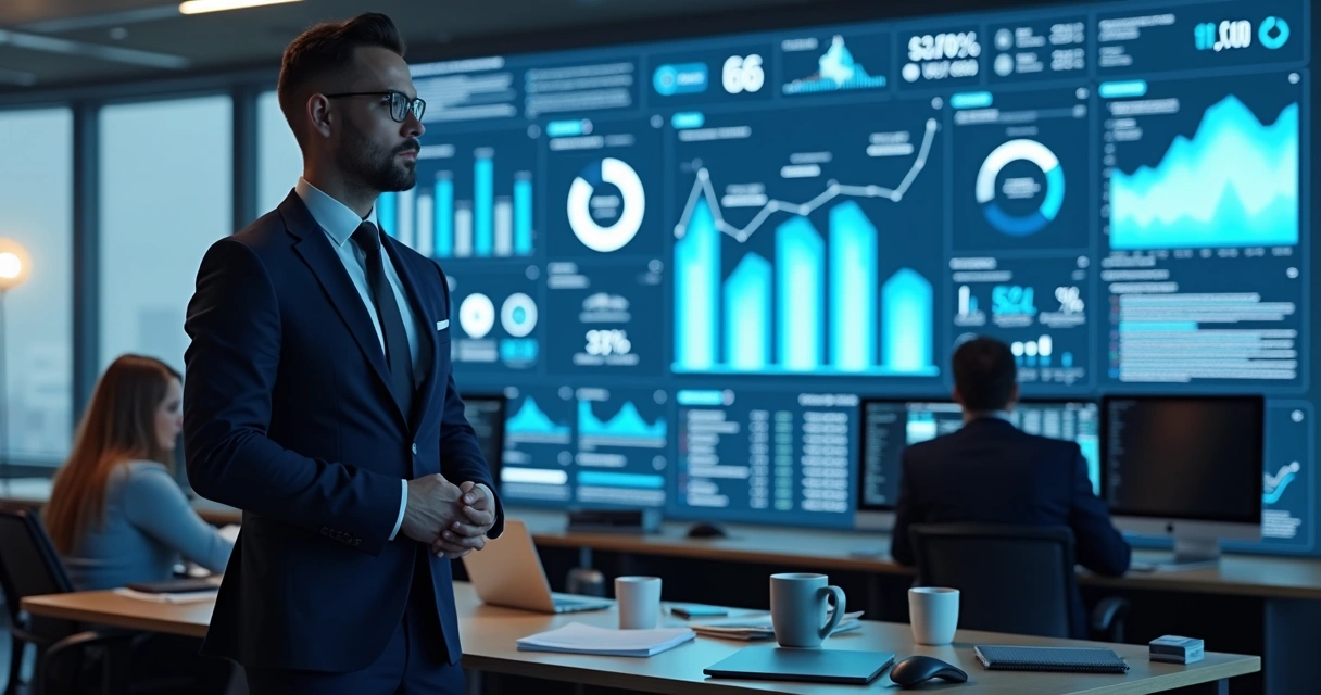 Gerente comercial diante de um dashboard de vendas em tela grande 