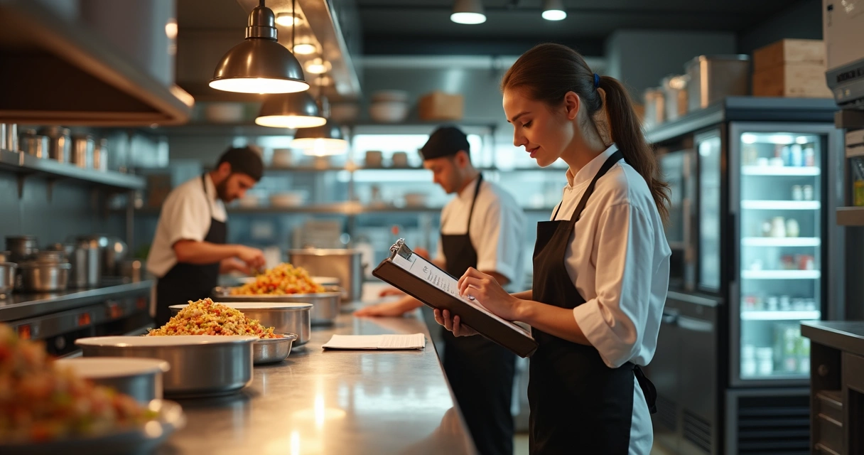 Gerente conferindo checklist na cozinha profissional 