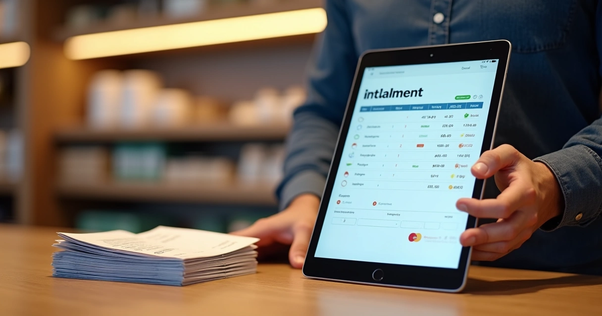 Gerente de loja organizando carnê digital em tablet com parcelas listadas na tela 