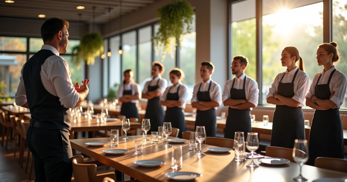 Gerente conversando com equipe de restaurante 