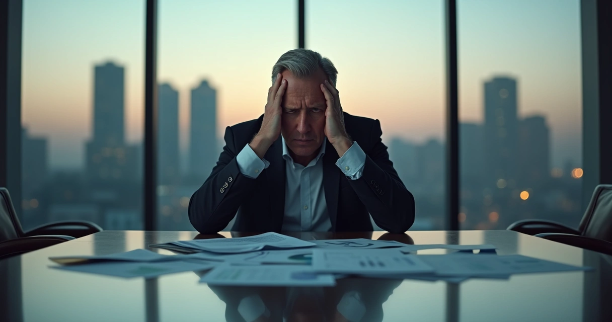 Gerente sentado solo en una sala de reuniones con gesto de tensión emocional 