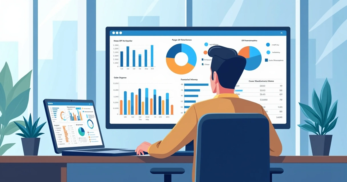 Gerente financeiro analisa relatório de ERP em tela 