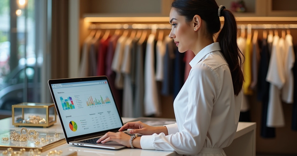 Gerente geral em loja analisando dashboard em notebook