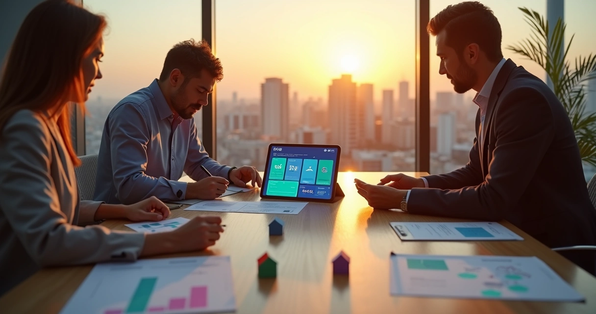 Equipe imobiliária reunida analisando gestão de imóveis em tablet 