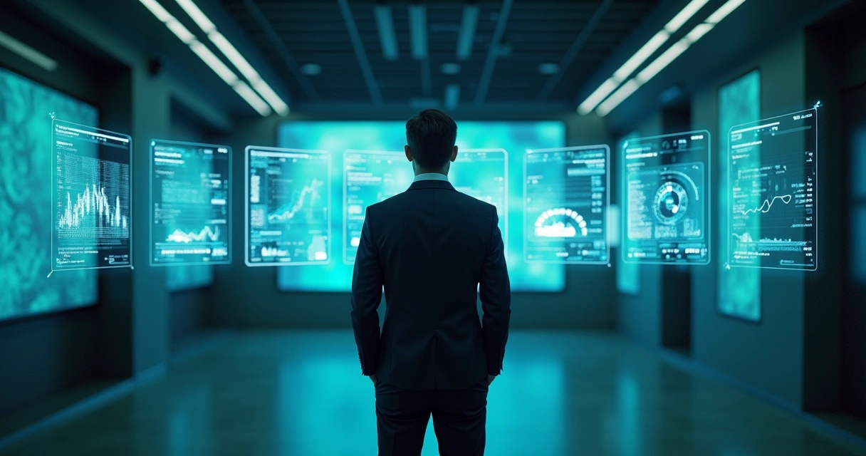 Gerente olhando para frente com painéis digitais futuristas 