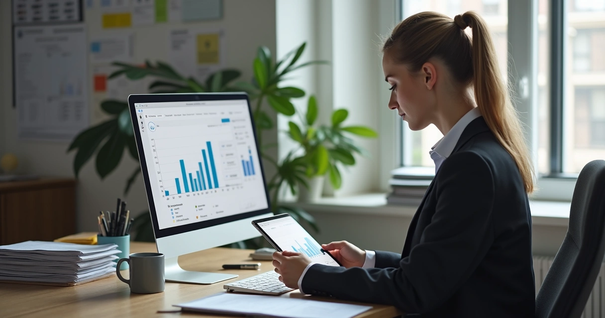 Gerente de loja analisando vendas no tablet no escritório 