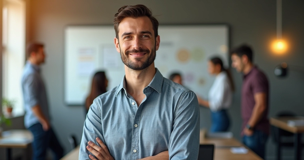 Homem em traje casual olhando para frente com expressão confiante, no fundo escritório moderno com equipe ao fundo e quadro de metas 