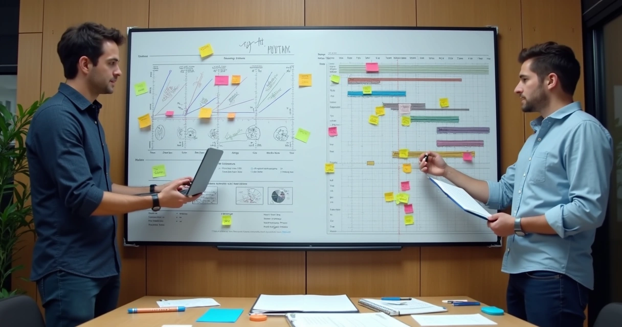 Dois profissionais analisando quadro com roadmap e cronograma, mesa cheia de post-its e gráficos 