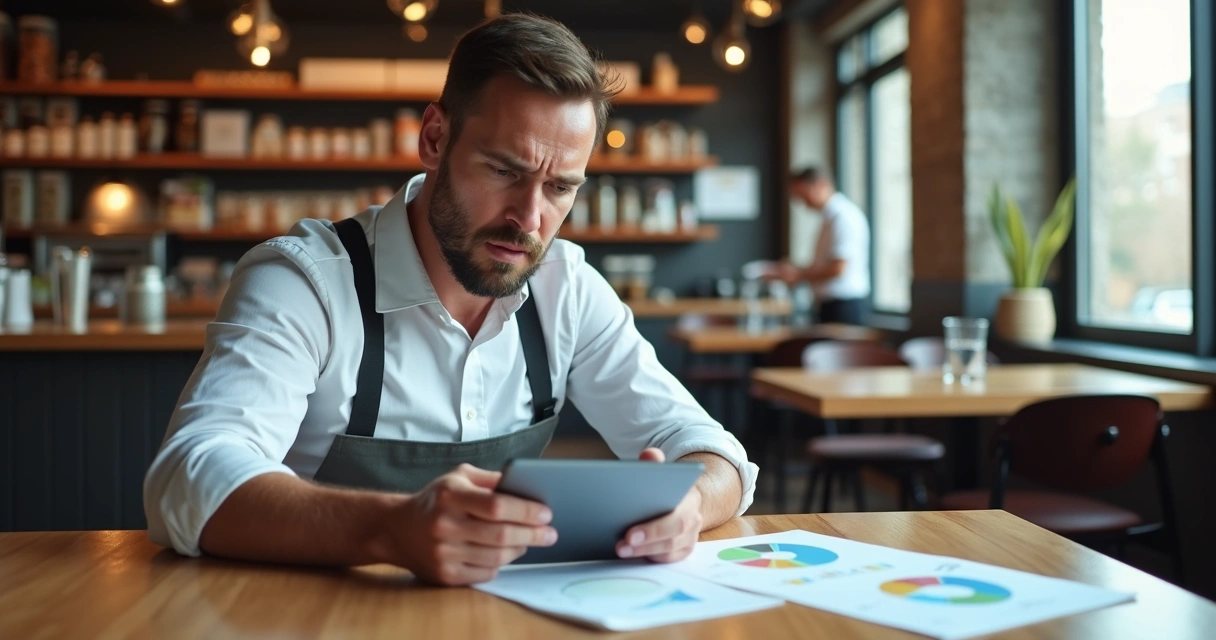 Gerente analisando relatórios e gráficos financeiros em tablet dentro do restaurante 