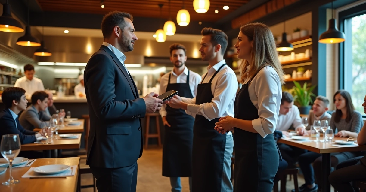 Gerente de restaurante orientando equipe em salão movimentado 
