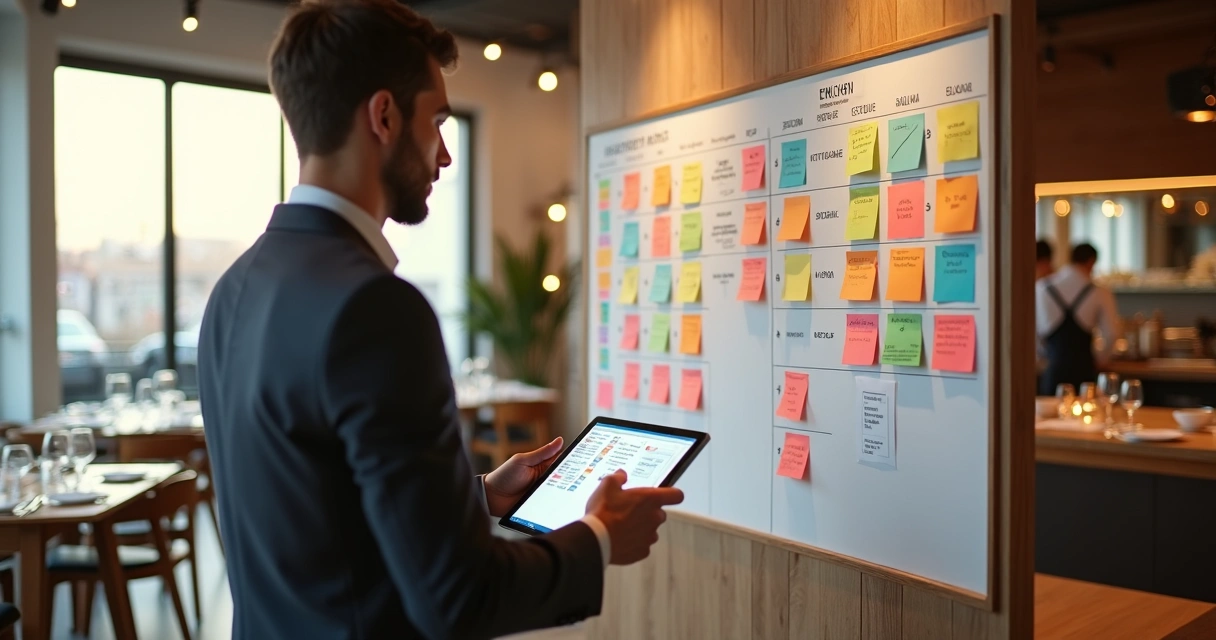 Gerente de restaurante diante de grande quadro de tarefas organizadas 