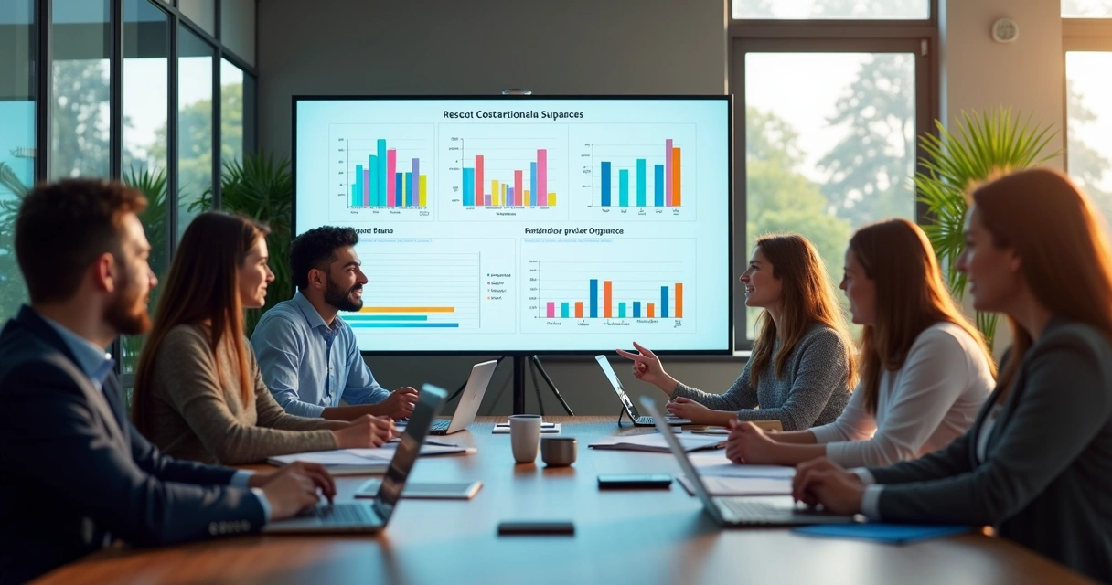 Equipe de profissionais de RH em sala de reunião analisando gráficos e planilhas para reduzir custos 