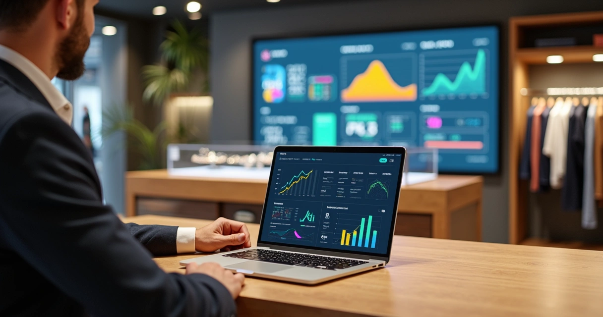 Gerente geral de varejo analisando dashboard de OKRs em loja de moda 