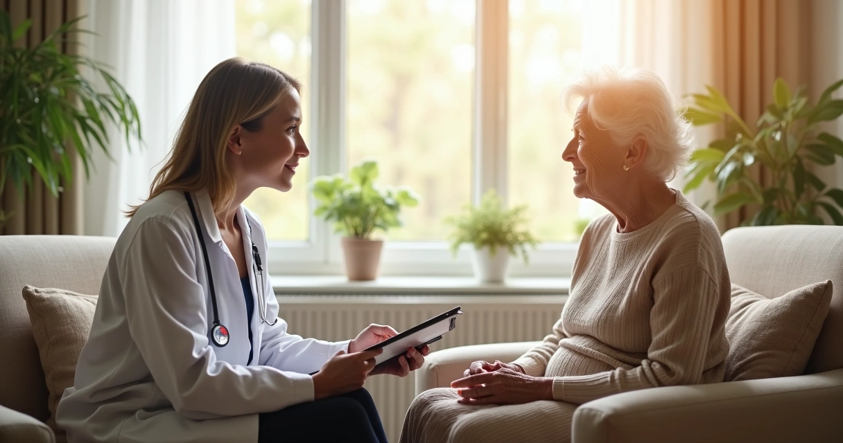 Consulta geriátrica com idosa e médica em ambiente acolhedor 