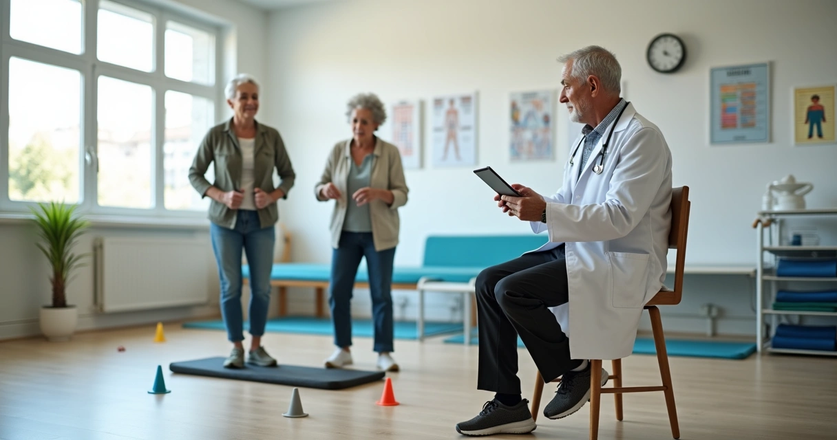 Geriatra observando idosos em avaliação funcional em sala de clínica 
