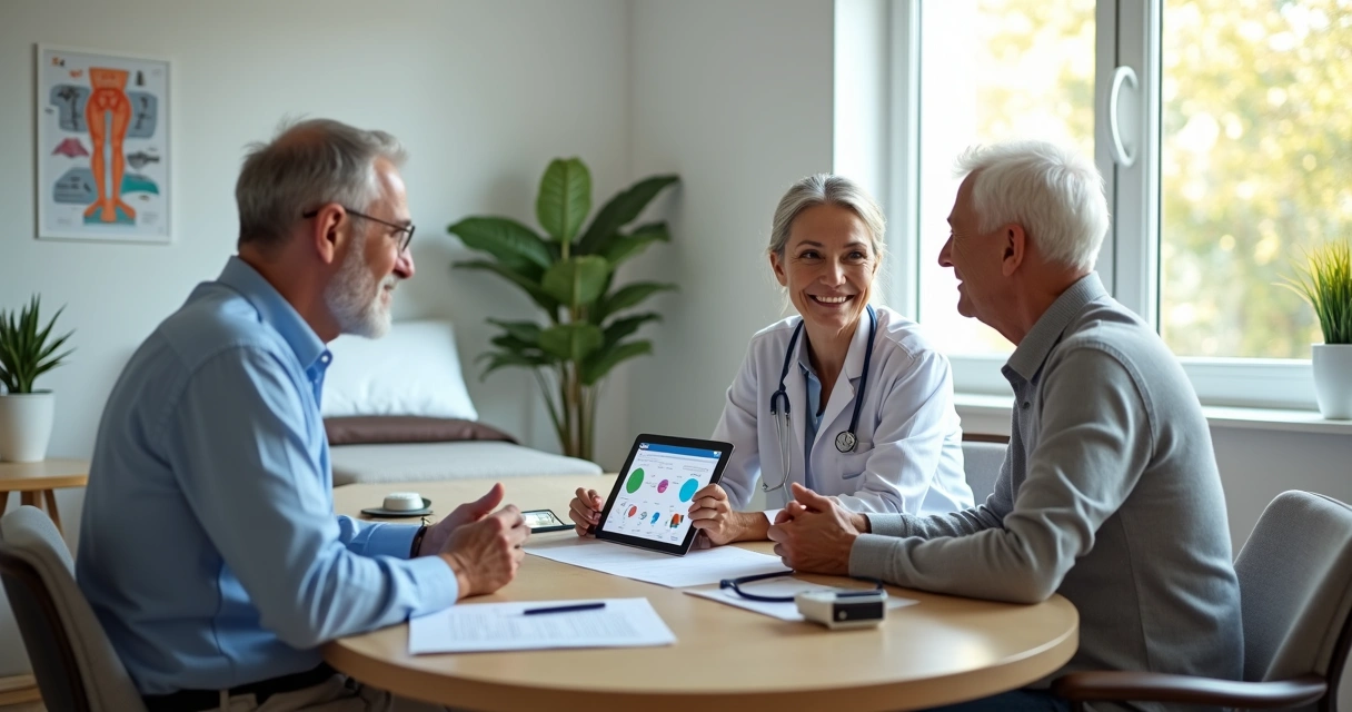 Médica geriátrica conversa com casal de idosos à mesa em consultório moderno 