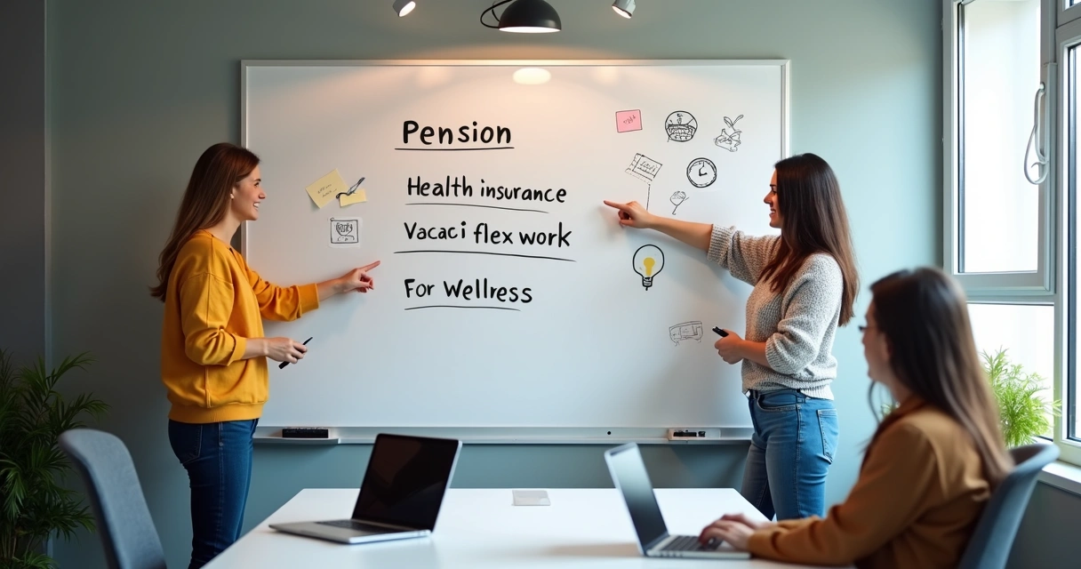 List of German employee benefits written on a whiteboard with tech symbols, people pointing 