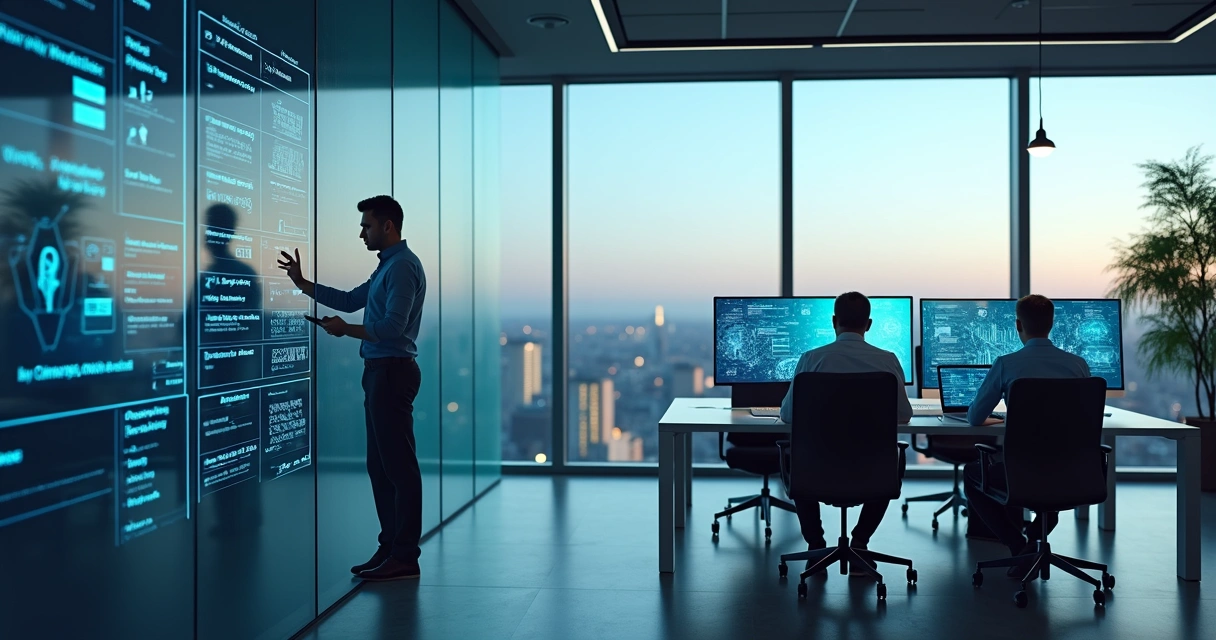 Modern German office with data compliance visuals and technology. 