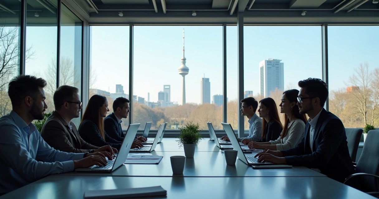 Modern German office with multicultural team collaborating