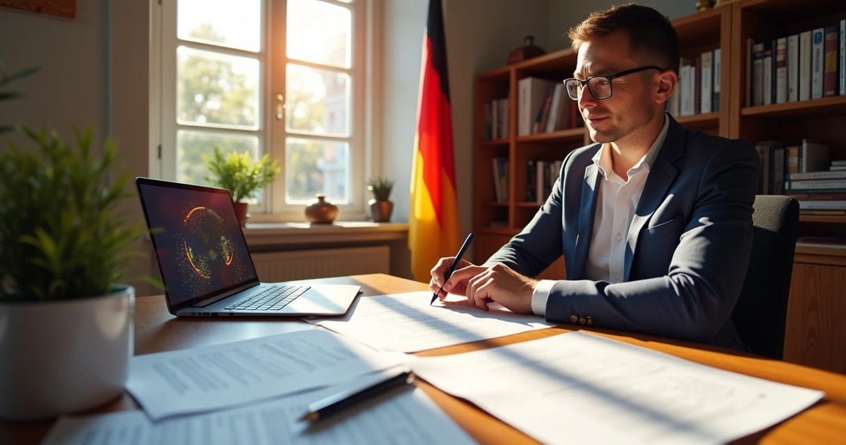 Visa application officer at a desk with quantum technology items 
