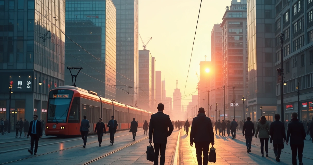 Modern German business district skyline with glass offices and trams
