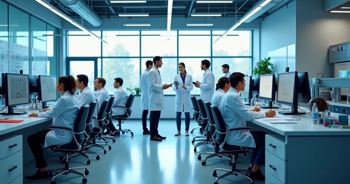Scientists and engineers working together in a modern German laboratory 