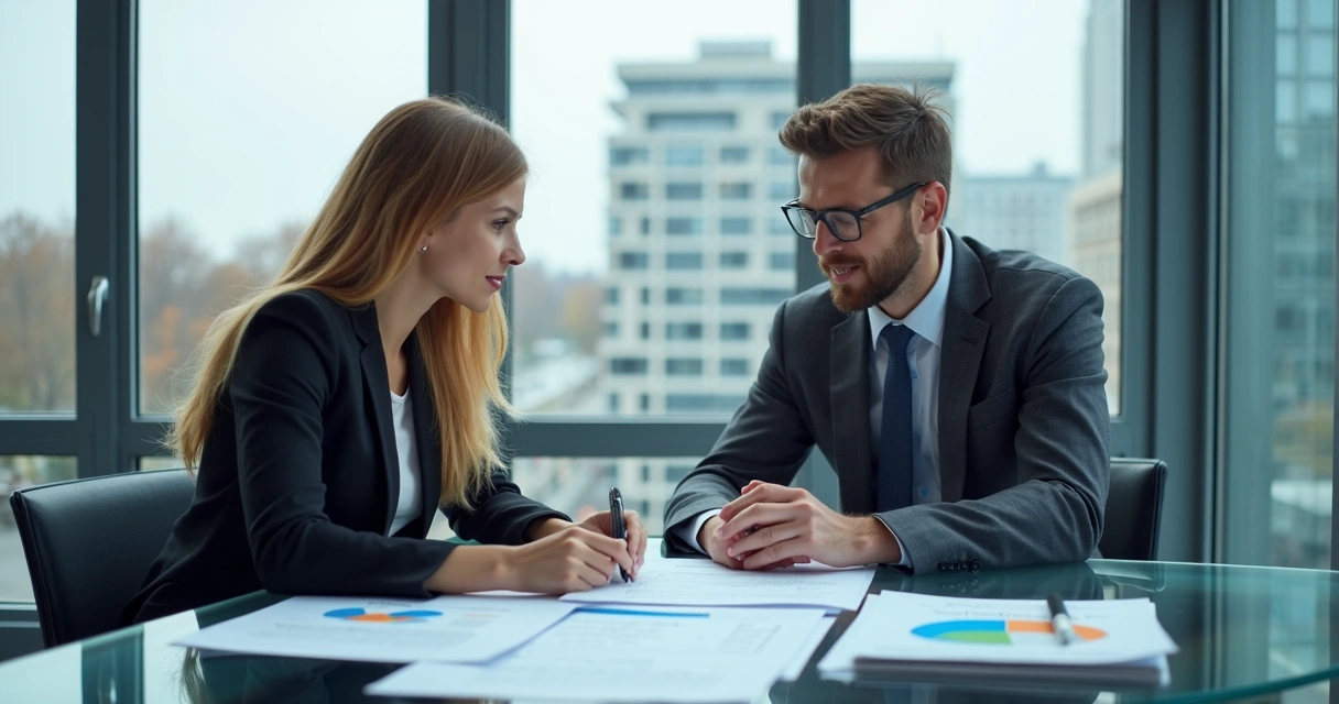 Manager and tech hire discussing relocation package in modern office, with paperwork on table 