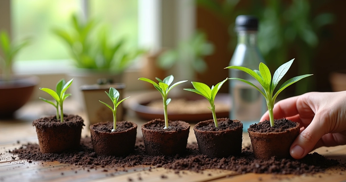 Mudas de moringa brotando em pequenos vasos sobre mesa de madeira 
