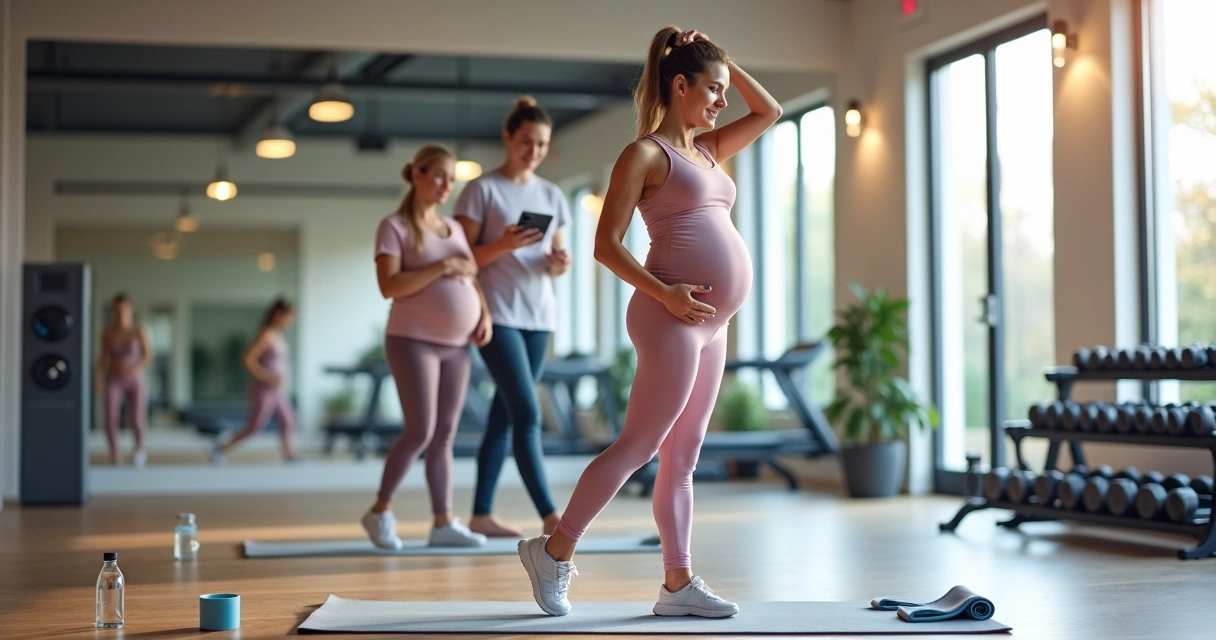 Gestante se alongando em academia com orientação profissional 