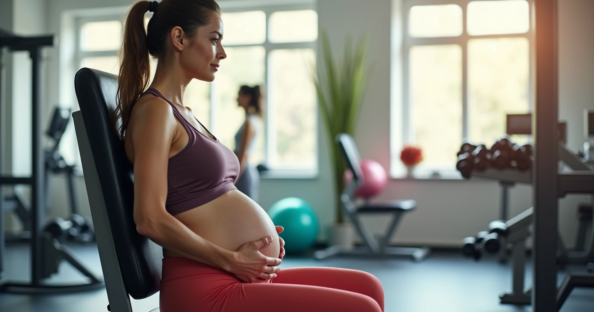 Gestante treinando musculação em máquina de peito na academia 